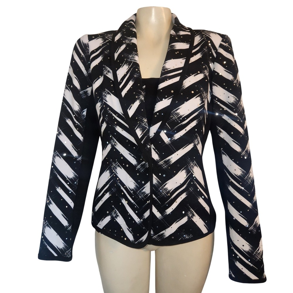 Joseph Ribkoff Womens 6 Black White Chevron Sequin Jacket Tank Set 153877 luxury